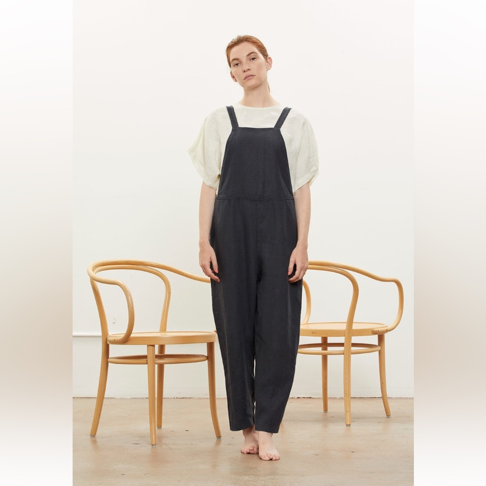 Black Crane Sack Overall in black linen